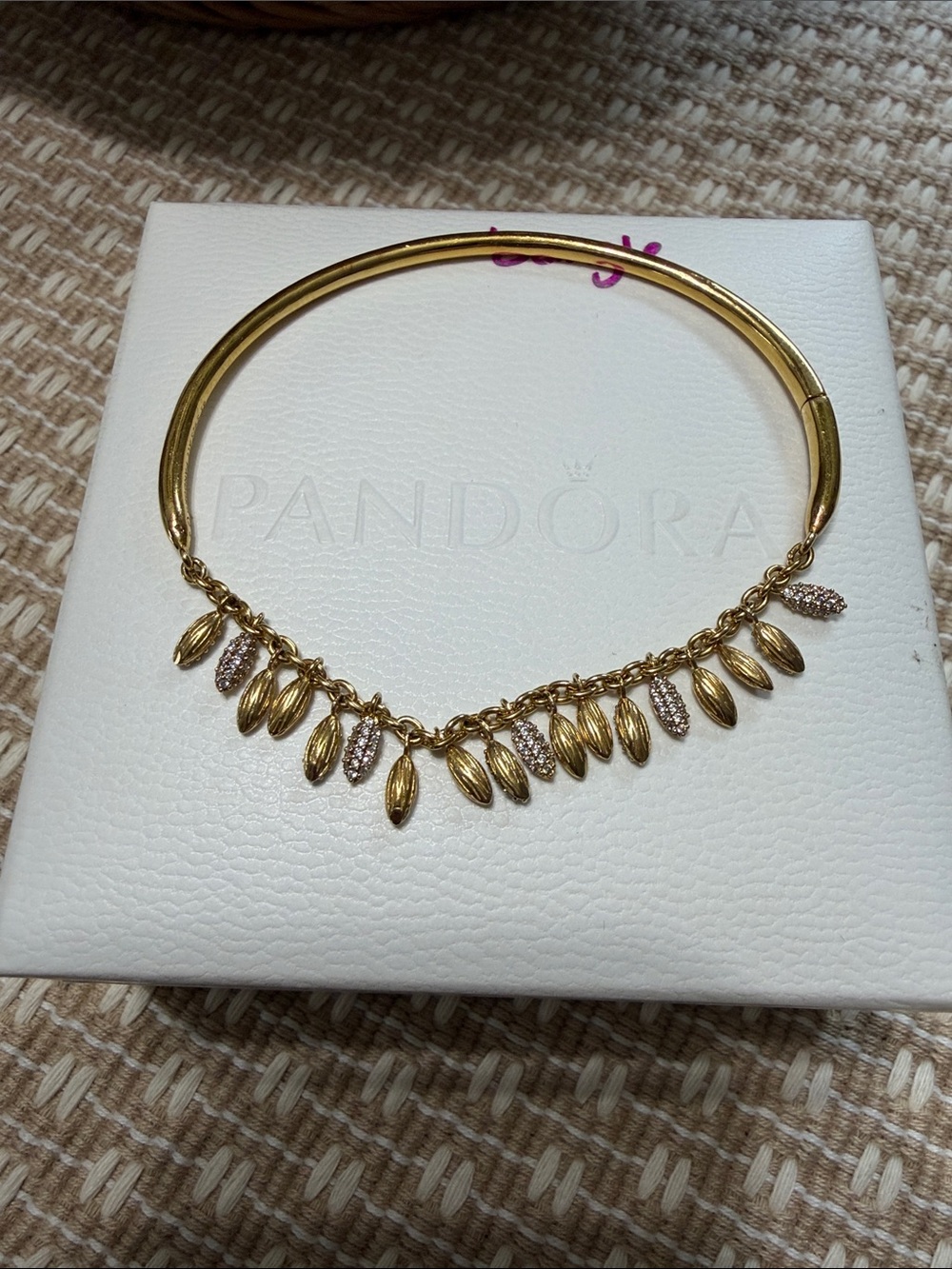 Pandora Gold Plated Sterling Silver Leaf Dangle Bracelet with Pave Accents